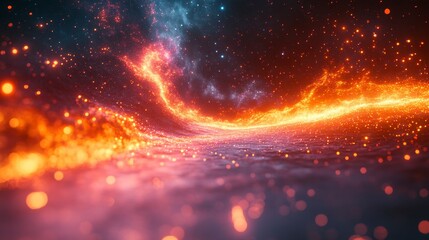 Fiery cosmic landscape with swirling orange and blue nebulae, and bright starlight