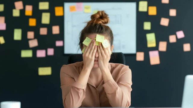 Stressed businesswoman is covering her face with hands while sitting at desk in office with many sticky notes on her forehead and on the wall behind her, having a lot of tasks and deadlines