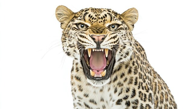 Powerful close-up captures the intense roaring of a spotted leopard against white backdrop