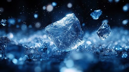 Fragmented ice pieces scatter; cool-toned bokeh background adds dynamic depth to the image