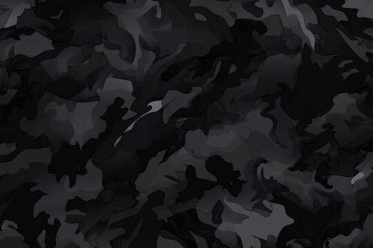This tileable abstract contemporary classic camo pattern boasts a dark black and grey night palette with a seamless rough textured military hunting or paintball camouflage design also applicable as a