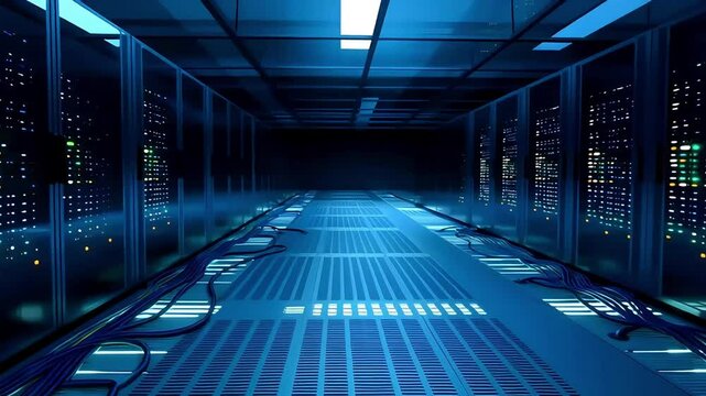 video of a futuristic server room, showcasing rows of glowing servers and cables.  Perfect for technology, data center, and networking concepts.
