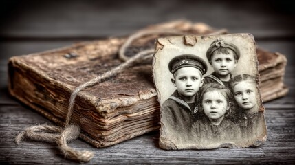 Vintage black and white photo of four children placed on an old wooden surface