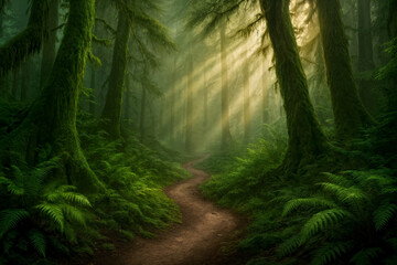Obraz premium Forest Road with Mystical Sunlight and Fog