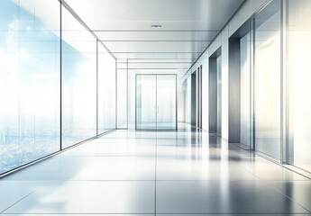 Fototapeta premium The empty, modern corporate lobby features a bright and clean interior, complete with a tile floor, steel accents, and large glass windows that offer a view of the city