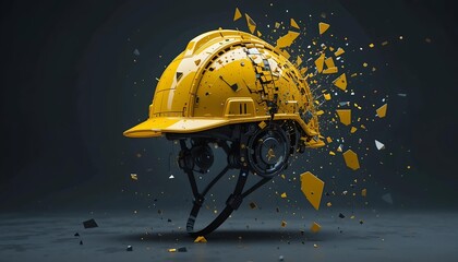 Yellow construction helmet breaking into floating geometric fragments