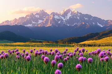 Fototapeta premium Picturesque mountain vista with wildflowers in bloom.