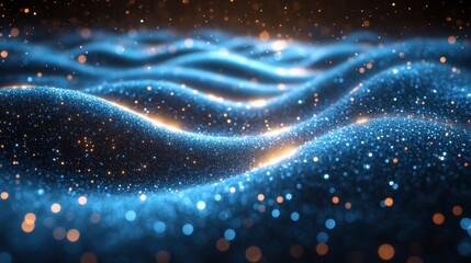 Wavy, blue surface with bokeh and golden highlights, creating a dreamy, abstract feel