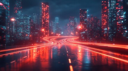 Obraz premium Futuristic cityscape with glowing roads, tall buildings, and a dark, atmospheric ambiance