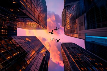 A stunning futuristic cityscape at dusk featuring metallic skyscrapers with reflective surfaces, flying cars zooming between buildings, and a vibrant neon-lit sunset sky. Rendered in a cyberpunk style