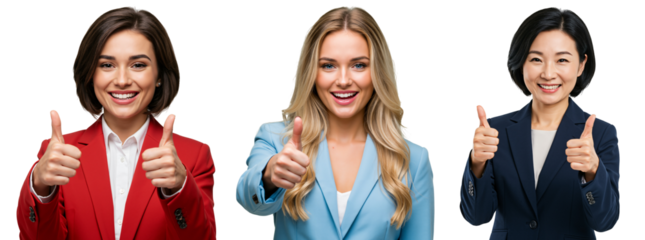 Three Diverse Women in Professional Attire Displaying Positive Thumbs-Up Gestures Against a Black Background, Celebrating Accomplishments and Encouraging Team Spirit