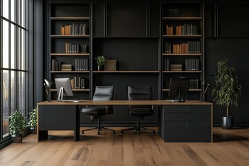 Modern dark office with city view