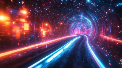 Obraz premium Glowing tunnel with streaks of blue and red lights, resembling a warp speed effect