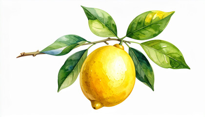 Watercolor painting of fresh lemon isolated on white backdrop. Tasty and healthy citrus fruit.