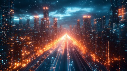 Fototapeta premium Cityscape with illuminated skyscrapers against a dark, celestial sky, featuring blurred, luminous trails