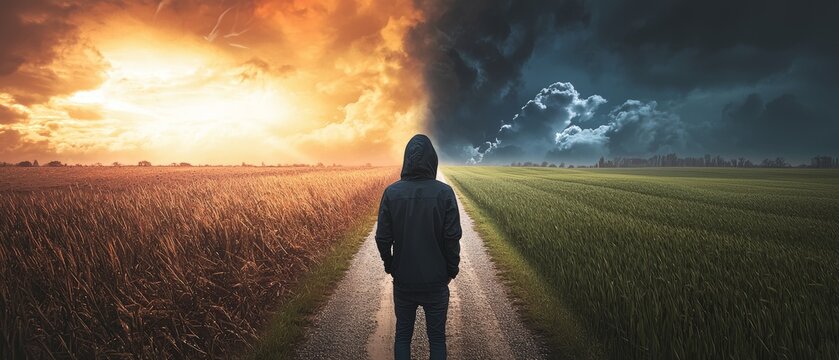 A person navigating a stormy path, showing resilience and adaptability in overcoming mental health challenges, finding peace through inner strength, standing strong amidst adversity