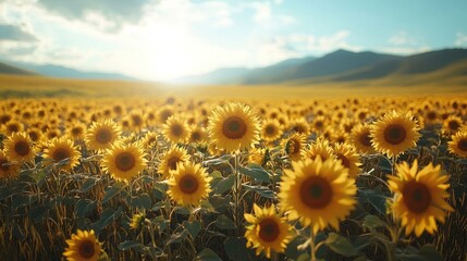 Fototapeta premium Vast sunflower field at golden hour