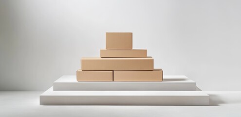 Stacked Cardboard Boxes on a White Platform