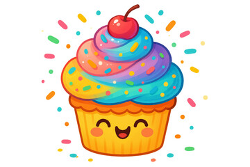 A Delightful Cartoon Cupcake with Colorful Frosting and Sprinkles, Featuring a Happy Face and Cherry on Top, Set Against a Vibrant Black Background
