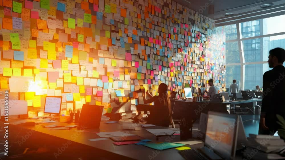 Aufkleber Office workers are using many colorful sticky notes on a wall for project management and brainstorming in a modern office with computers and large windows