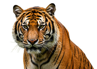 Obraz premium Majestic Tiger Staring Directly at the Viewer, Exhibiting Its Striking Orange-and-Black Striped Fur Against a Dark Background in a Close-Up Perspective