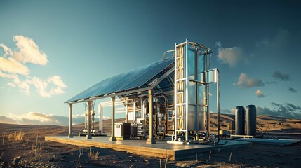 Fototapeta premium Solar panel array structure with industrial equipment in a desert landscape under a blue sky