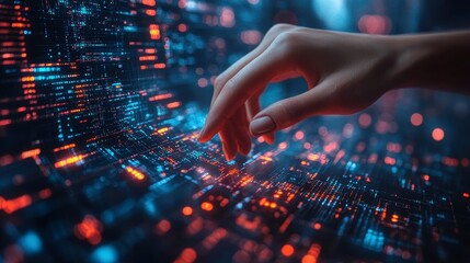 Hand interacts with digital interface, displaying glowing blue and red lights