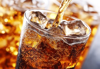 Glass pouring cola embodies a cool and refreshing white drink with a background of freshness, transparency, and a splash of soda