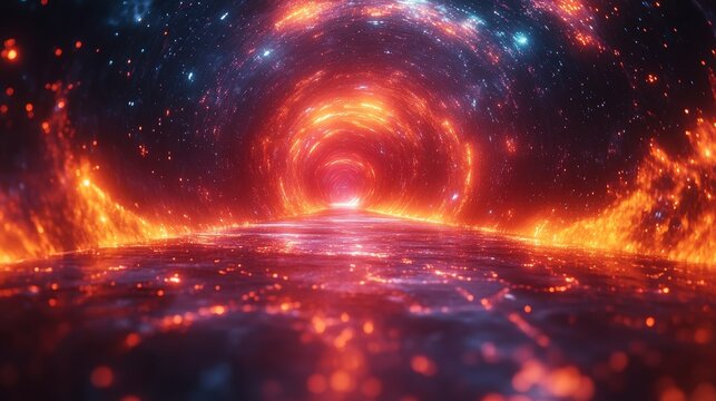 Fiery, cosmic tunnel with vivid red and blue hues, resembling a vast, abstract space