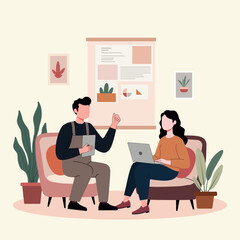 A young man and woman are discusing about creative work at work space