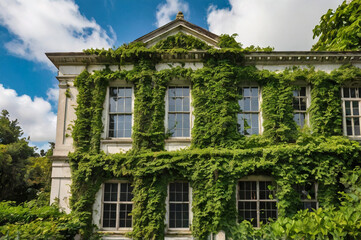 Overgrown ivy covered house exterior facade