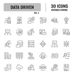 Data driven line editable icon set. Containing as big data, data mining, algorithm, analytics, machine learning, ai, science, warehouse, database, dataset and more. Vector illustration