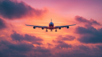 Obraz premium Passenger airplane against sunset sky, journey into vibrant horizons