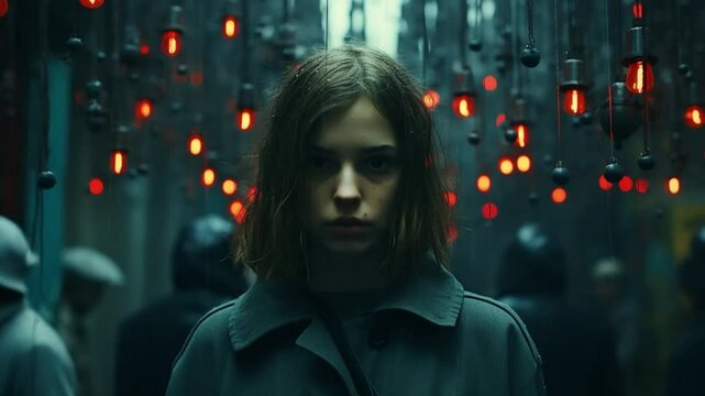 In a shadowy alley, a girl stands alone, with vibrant lights hanging around her. Figures linger in the background, creating an intriguing atmosphere of suspense and mystery