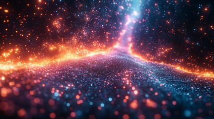 Fototapeta premium Glowing cosmic stream with red and blue particles creating a mystical, ethereal display