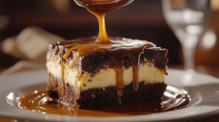 A generous spoonful of warm caramel is poured over the brownie.