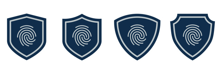 Fingerprint Shield Icons. Cybersecurity Protection Badge Set with Biometric Fingerprint Symbol for Identity Verification, Privacy Access, Security Control, Data Protection and Technology UI