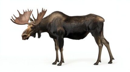 Majestic moose isolated on white, showcasing its imposing size and antlers