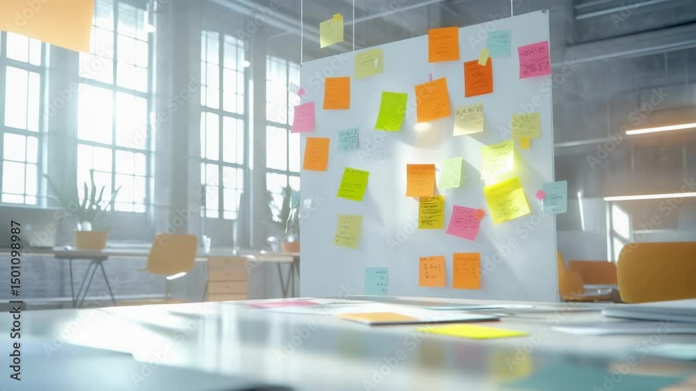 Aufkleber Sunlight is illuminating colorful sticky notes attached to a whiteboard in a modern office, suggesting brainstorming sessions and agile project management methodologies like kanban