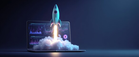 The rocket launching from a laptop symbolizes digital growth and innovation.