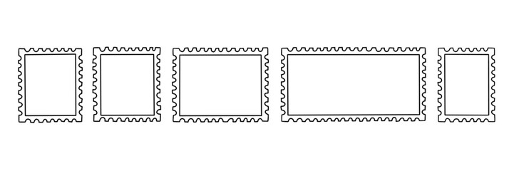 Stamp post postcard frame doodle shape set. Postage postal mail outline border. Vector illustration