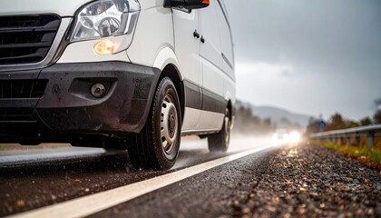 A white van is driving down a wet road. The van is the only vehicle on the road