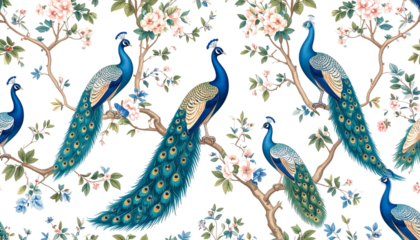 peacocks in royal garden, wallpaper pattern, isolated on transparent background