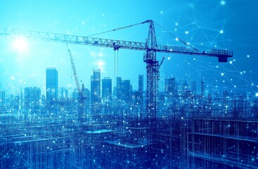 A blue cityscape with a crane in the middle