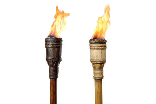 Two lit tiki torches isolated on transparent PNG background