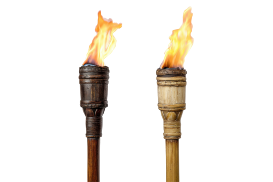 Two lit tiki torches isolated on transparent PNG background