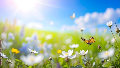 Art Beautiful blurred spring background nature with blooming glade, butterfly and blue sky on a sunny day
