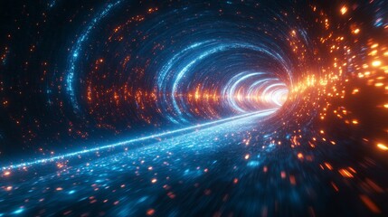 Obraz premium Tunnel Swirling light tunnel effect with blue, orange, and white hues, appearing like a wormhole