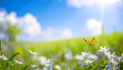 Art Beautiful blurred spring background nature with blooming glade, butterfly and blue sky on a sunny day
