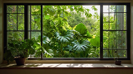 Lush greenery viewed through a window